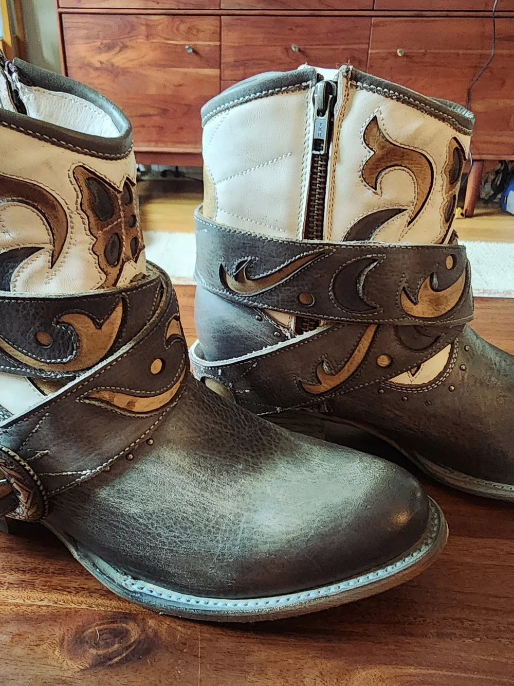 freebird Tash Three-Tone Blue, Brown and Cream Leather Western Ankle Boots
